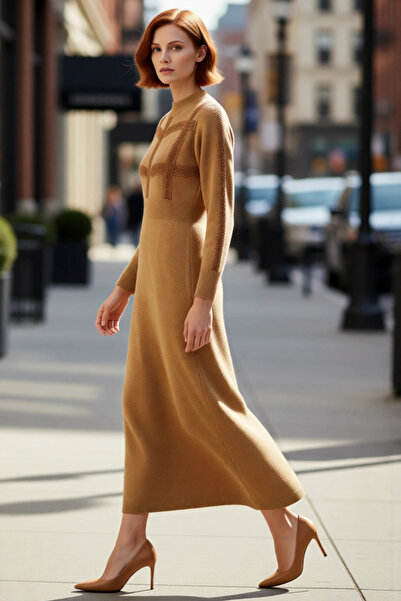 PayBuy Women's Hijab Lace Detailed Balloon Sleeve Mock Neck Skater Maxi Knitwear Dress Ideal for Winter Combinations