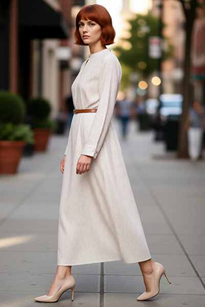 PayBuy Γυναικείο φόρεμα με ριγέ λεπτομέρεια με ζώνη, μακρύ μανίκι, μακρυμάνικ...