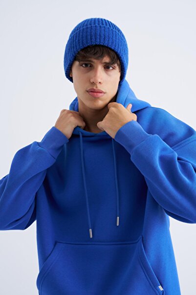 Machinist Erkek Basic Kapüşonlu Oversize Saks Sweatshirt
