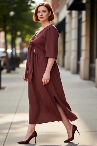 PayBuy فستان نسائي بخط A بطول متوسط وأكمام بالون بأربعة أرباع وياقة على شكل V...