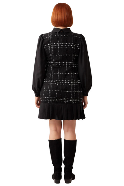 PayBuy Women's A-Line Balloon Sleeve Plaid Tweed Dress Shirt Collar Short Length Winter Collection Stylish Design