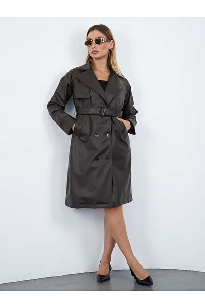 ModaLavida Düğmeli Kuşaklı Astarlı Midi Boy Deri Trençkot