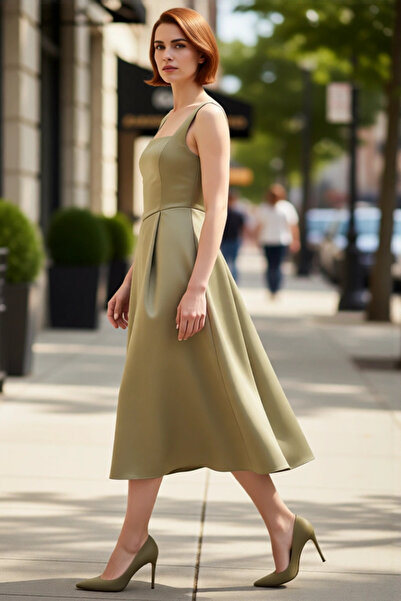 PayBuy Kadın Skater Kalıp Midi Boy Saten Dokuma Kare Yaka Kokteyl Şık Mezuniy...