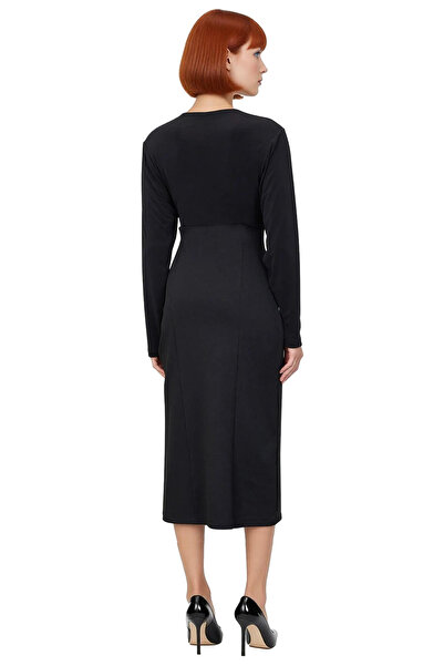 PayBuy Women's Black Plain Patterned Shoulder Pad Piece Bat Sleeve Midi Knitted Dress Stylish and Modern Ideal for Winter Combinations