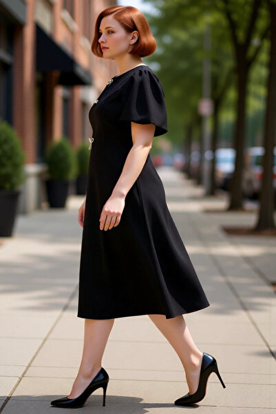 PayBuy Women's Skater Molded Woven Midi Length Short Sleeve Stylish Dress Is Dazzling with Modern and Elegant Details