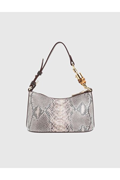 İLVİ Roomy Genuine Snake Printed Leather Beige Women's Shoulder Bag