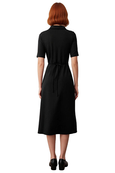 PayBuy Kadın A Line Kesim Kısa Kollu Polo Yaka Kemerli Midi Elbise Yarım Pat Düğmeli İnterlok Dokuma