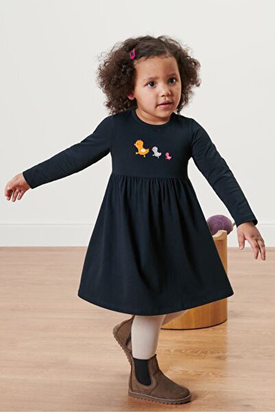 Tchibo Toddlers Girl Crew Neck Long Sleeves Graphic Dress, Navy Blue