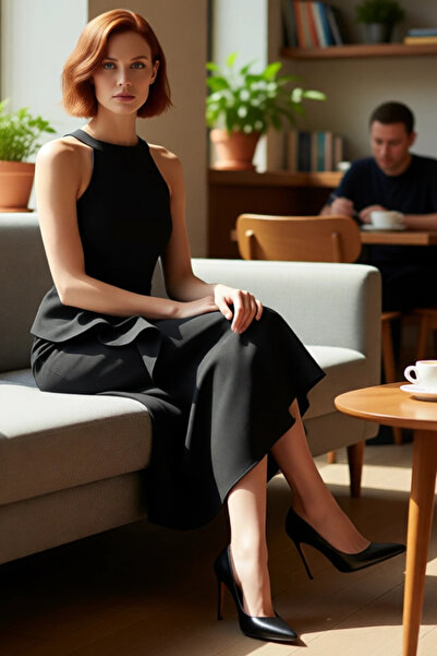 PayBuy Women's Black Halter Neck Flared Midi Evening Dress Body-Hugging Fish Cut Reflects Elegance