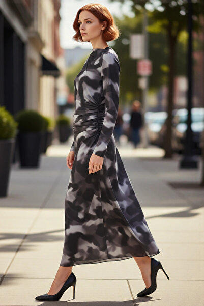 PayBuy Women's Tie-Dye Patterned Mock Neck Skater Midi Dress Stylish and Modern Long Sleeve Knitted Fabric Design