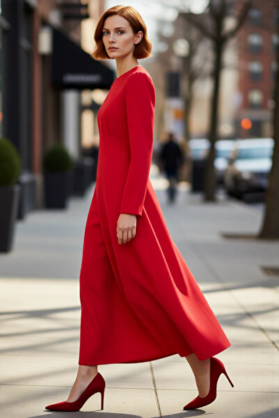 PayBuy Women's Red Woven Skater Dress Long Sleeve Crew Neck Maxi Length Ideal for Casual Stylish Wear