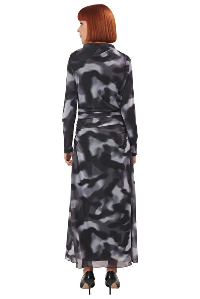 PayBuy Women's Tie-Dye Patterned Mock Neck Skater Midi Dress Stylish and Modern Long Sleeve Knitted Fabric Design