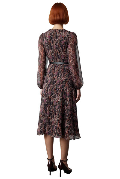 PayBuy Women's Double-Breasted Collar Chiffon Midi Dress Abstract Patterned Belted Long Balloon Sleeve Skater Pattern Model