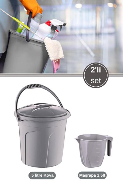 Flora 2’li Temizlik Kova Seti, Kapaklı Kulplu Plastik Su Kovası 5 litre + Maşrapa 1,5 litre 2’li Set Gri