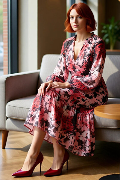 PayBuy Rochie midi țesută cu model etnic multicolor pentru femei, cu decolteu în V, cu curea A croială cu mânecă lungă căptușită