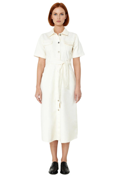 PayBuy Shirt Collar Belted Maxi Length 100% Cotton Denim Casual Daily Unlined Dress for Women