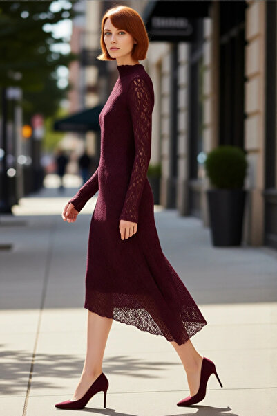 PayBuy Women Asymmetrical Cut Bodycon Knitted Lace Textured Long Sleeve Maxi Mock Neck Dress Quality Stylish