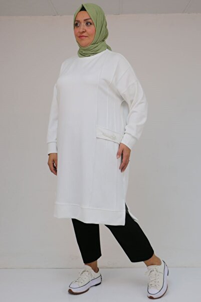 Eslina 58160 - Plus Size Modal Tunic with Pearl Brooch Detail - Ecru