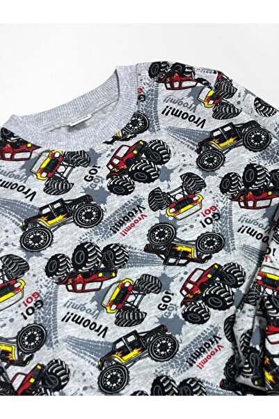 Pajama Shop Boy's Cotton Fabric Gray Color Monster Jeep Car Patterned Long Sleeve Transitional Pajamas