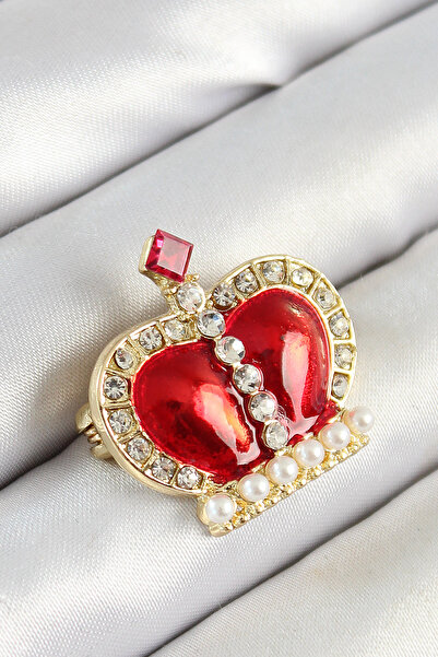 Skygo Zircon Stone Pearl Detailed Red 3D Queen Crown Figured Gold Color Women's Brooch - Tj-Br441