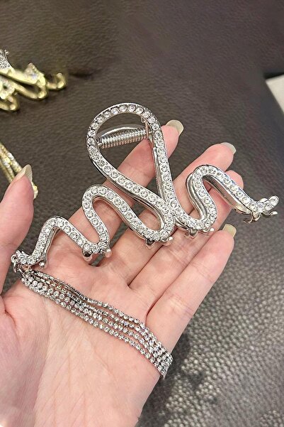 TAKIŞTIR Silver Color Snake Figured Stone Detailed Hanging Metal Clasp