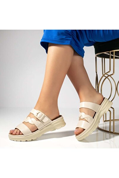 Modlet.ro Sandale damă bej cu talpă groasă și baretă, casual, MOD13363