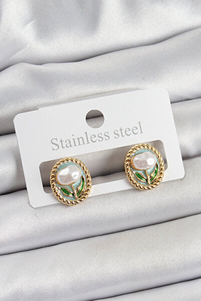 Skygo Brass Green Enamel Tulip Figured Artistic Portrait Model Gold Color Women's Earrings - Tj-Bkp10673