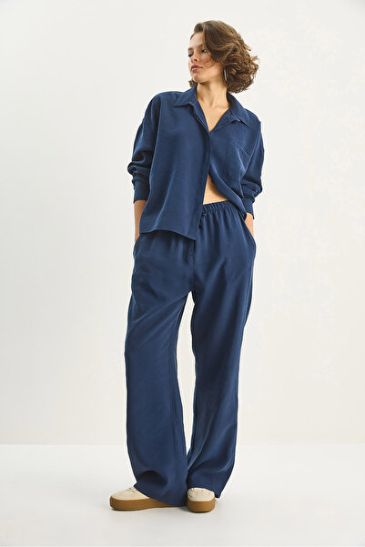 Bianco Lucci Жіночий модальний однокішеневий оверсайз сорочка з високою талією і широкими штанами, комплект 210 60283673