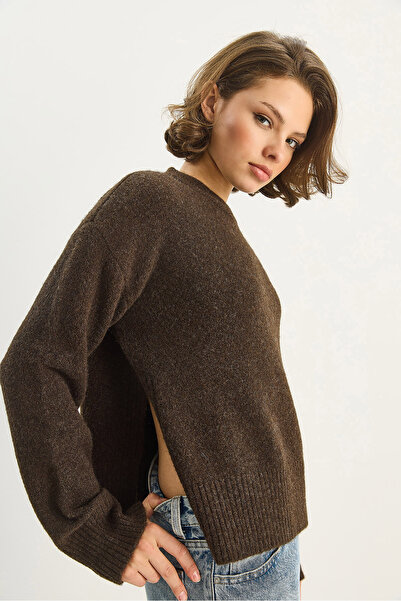 Bianco Lucci Women's Crew Neck Side Slit Wool Blend Knitwear Sweater 2411 60283681