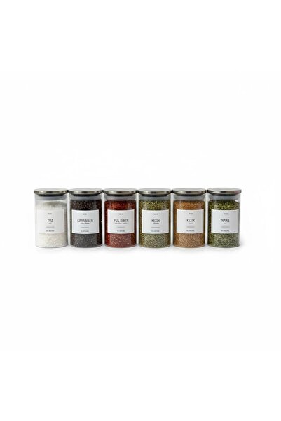 ANJEAHOME Sonora 6-Piece 300 ml Glass Spice Jar Set | Gray Metal Lid - Labeled - Countertop Organizer