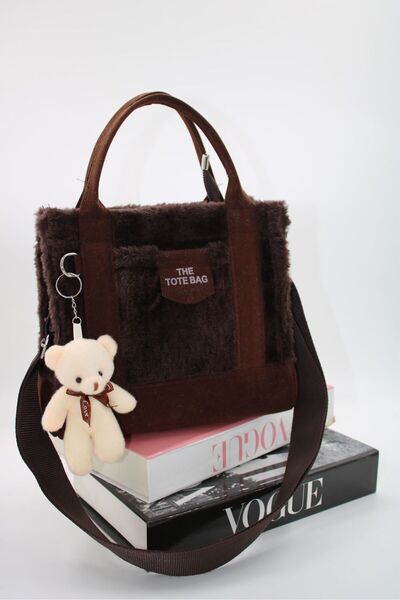 DMG Collection Geantă de umăr și de mână pentru femei cu ursuleț de pluș cu detalii din piele intoarsa și cadou
