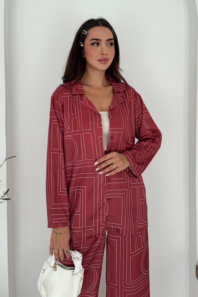 AsprinFashion Geometric Pattern Modal Satin Suit Red