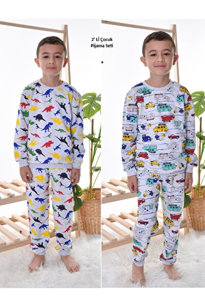 TUGSE Σετ 2 τεμαχίων παιδικές πιτζάμες με αυτοκίνητο και σχέδια δεινοσαύρων