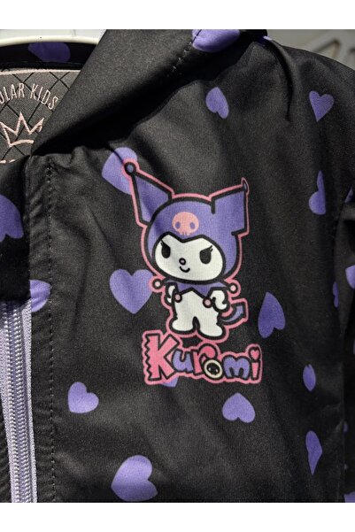 KUMRUNUN DÜNYASI Girls' Kuromi Transitional Hooded Lined Raincoat Windbreaker Coat Jacket Waterproof