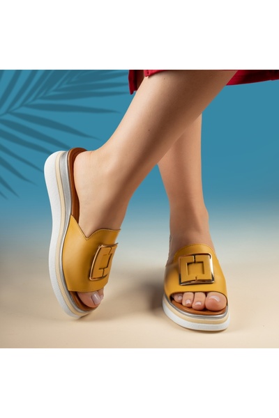 Modlet.ro Women's yellow casual slides with metallic accessory in genuine lea...