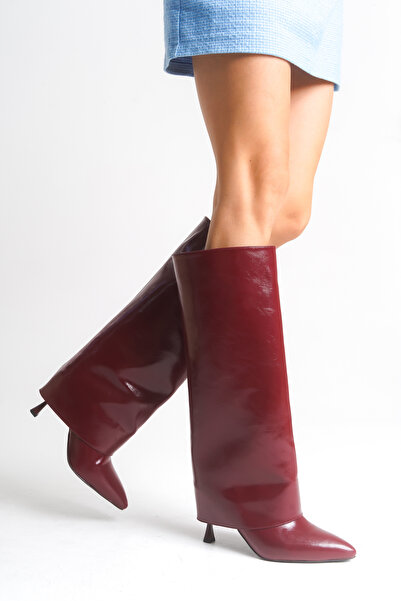 LDR Γυναικείες μπότες με μυτερή μύτη με λεπτό τακούνι με επικάλυψη λουστρίνι μπορντό