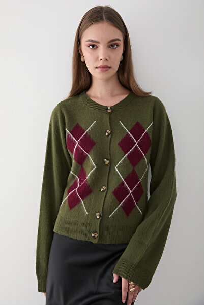 JASTE Women's Khaki Argyle Patterned Buttoned Knitwear Sweater