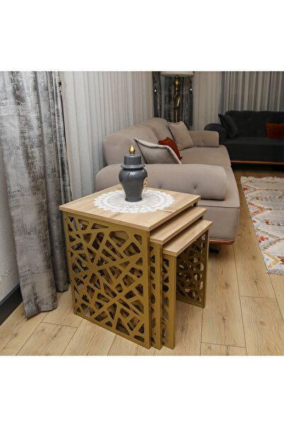 zmtdesign Dekoratif Lazer Kesim Metal 3’lü Zigon Sehpa Takımı