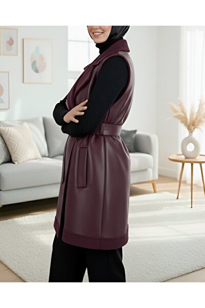 Modamorfo Thick Belted Leather Vest with Fur Lining and Pockets - Plum