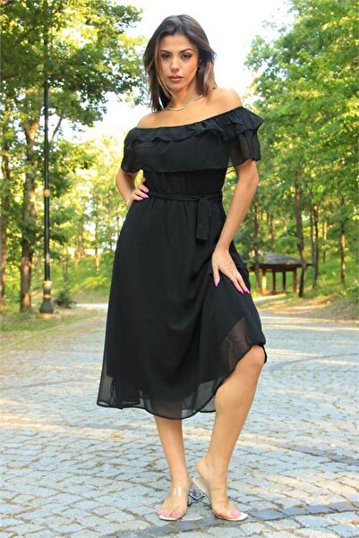 Dipmoda Γυναικείο φόρεμα σιφόν με λεπτομέρειες και λαιμόκοψη μαντόνα για τη ν...