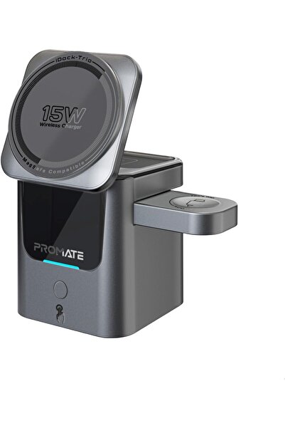 Promate iDock-Trio 3-in-1 Wireless Charger with 15W MagSafe, Auto-Folding Watch Arm, AirPods Dock