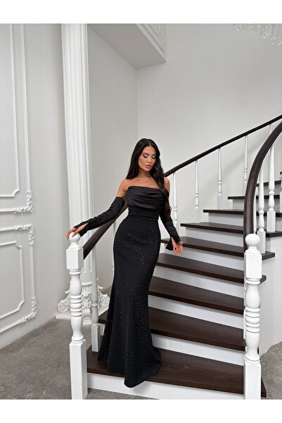 Serica Moda Siyah Saten Kol Detaylı Taş Baskılı Elbise