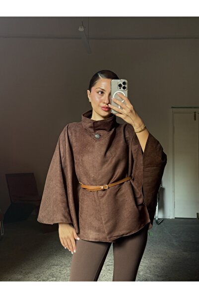 Gallogi Dik Yaka Acı Kahverengi Süet Panço (kemer dahil)