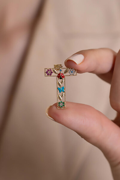 AMES GOLD KUYUMCULUK 14 Ayar Altın T Harfi Renkli Taş Kolye Ucu