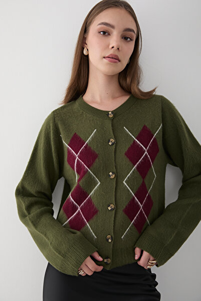 JASTE Women's Khaki Argyle Patterned Buttoned Knitwear Sweater
