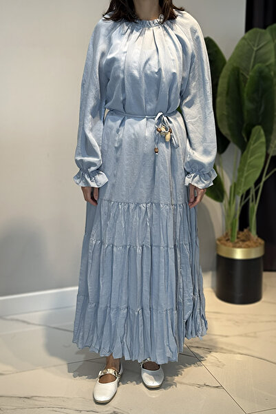 Ceremony Ruffle Detailed Dress with Drawstring Collar and Skirt 5789 Baby Blue