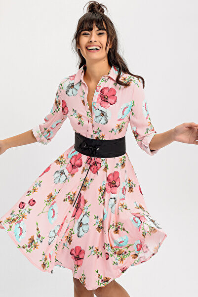 NEW LAVİVA Kadın Desenli Viskon Kloş Deri Kemerli Elbise NEW650-2164-2