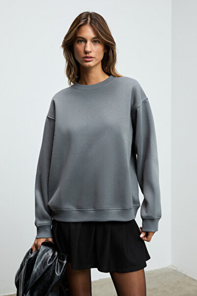 GRIMELANGE Karius Women's Organic Cotton Fleece Inside O Oversized Round Neck Gray Sweatshirt