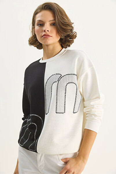 Bianco Lucci Women's Crew Neck Stone Embroidered Color Block Oversize Sweatshirt 1453 60283634