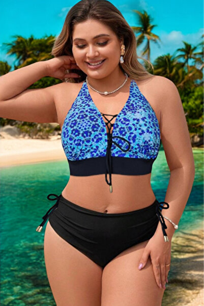 embody Women's 2 piece swimsuit, plus size, halter top and bottom, Julia blue
